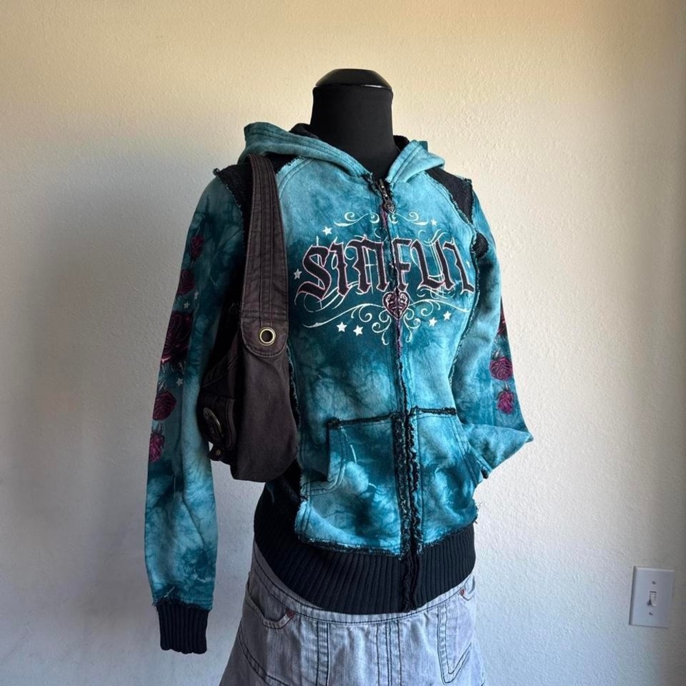 Sinful by Affliction teal acid wash zip hoodie roses and stars sleeve graphic wi